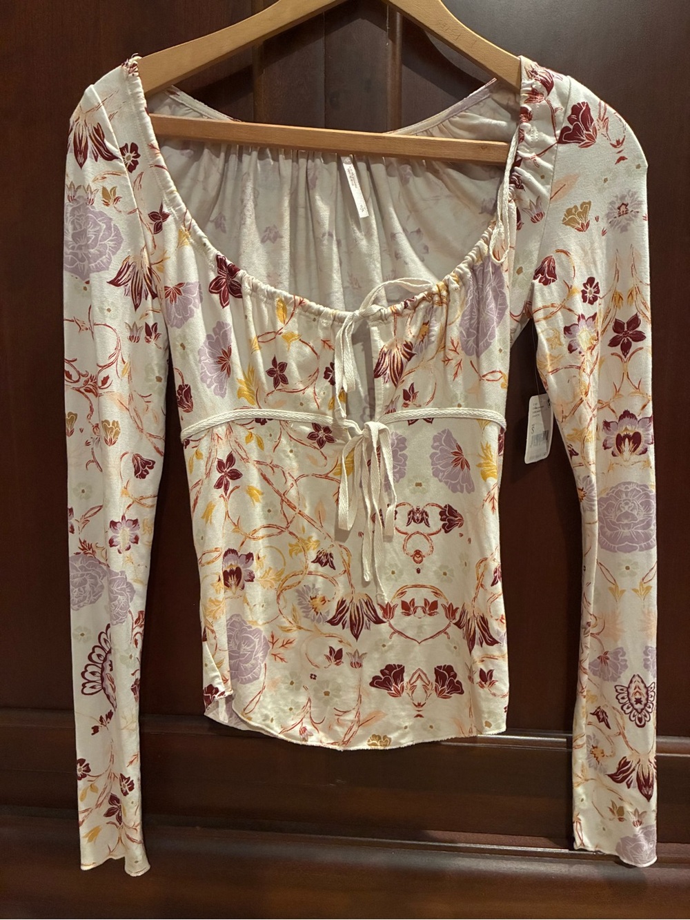 Free People Cream Floral Tie-Front Long Sleeve Top with Mauve & Burgundy